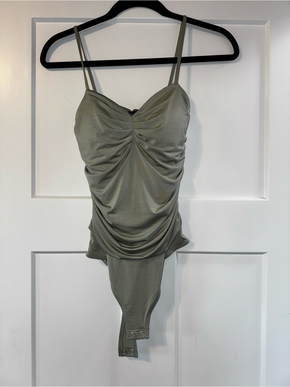 Express Olive Ruched Spaghetti-Strap Bodysuit